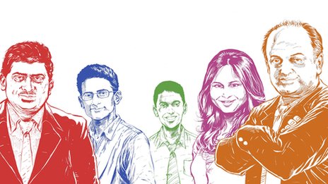 (From left) Nandan Nilekani, Ben Gomes, Rikin Gandhi, Ruchi Sanghvi and Sanjeev Bikhchandani - Illustrators: Sumit Kumar)