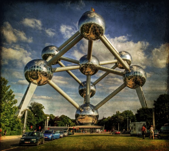 A monument built for Expo '58, the 1958 Brussels World's Fair. Designed by André Waterkeyn, it is 102-metre (335-feet) tall, with nine steel spheres connected so that the whole forms the <a href=